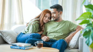 Pareja relajada en casa tras realizarse un análisis de ETS en Laboratorio Clínico Pisuerga